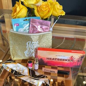 Gold Glitter Makeup Bag with Beauty Products